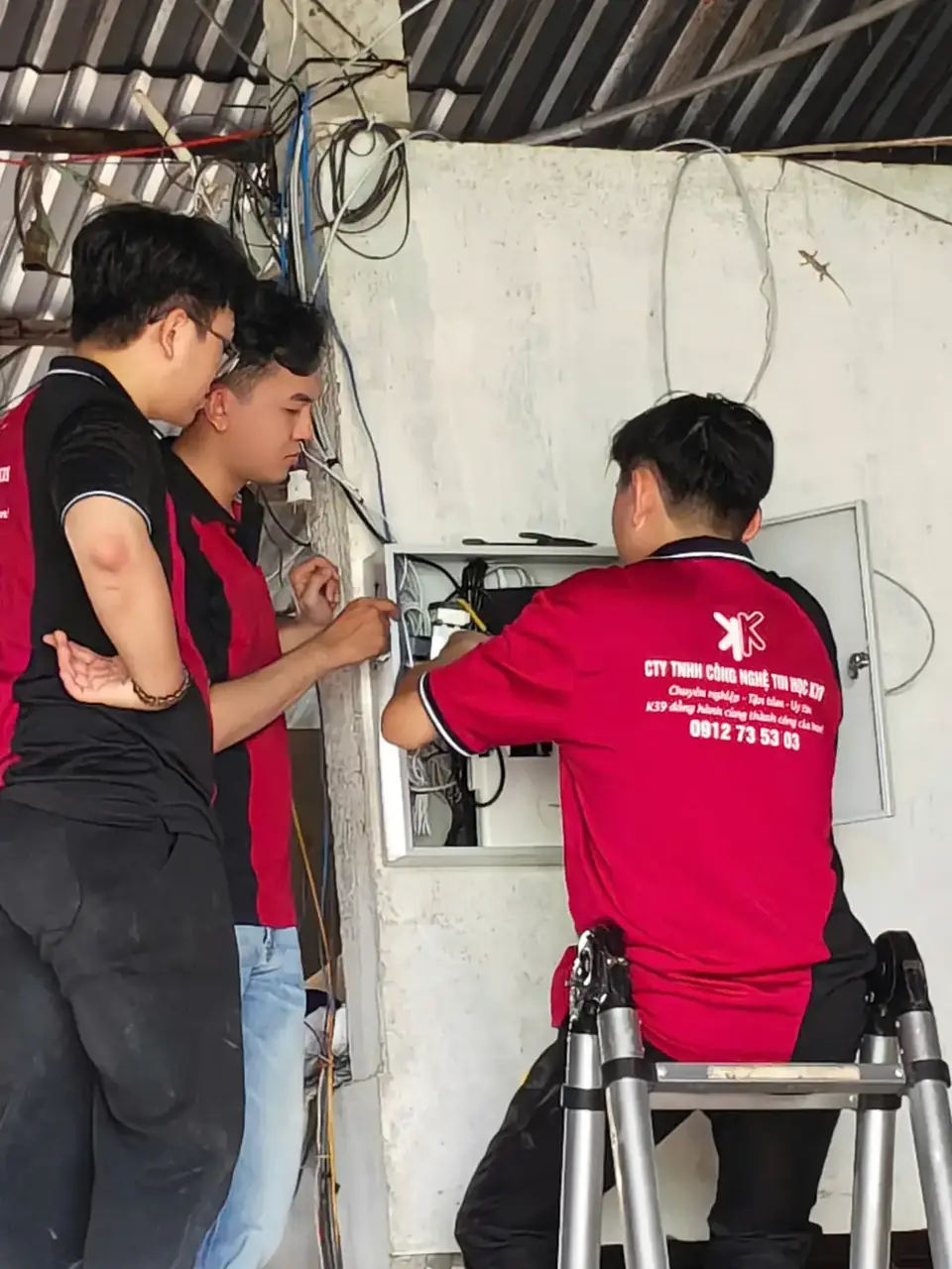 Kỹ thuật viên K39 đấu nối tủ mạng tại trang trại
